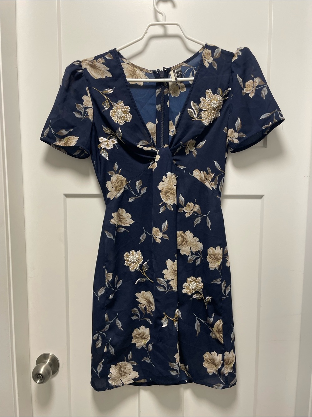 Topshop Navy Floral Mini Dress with Cream Roses Sequins